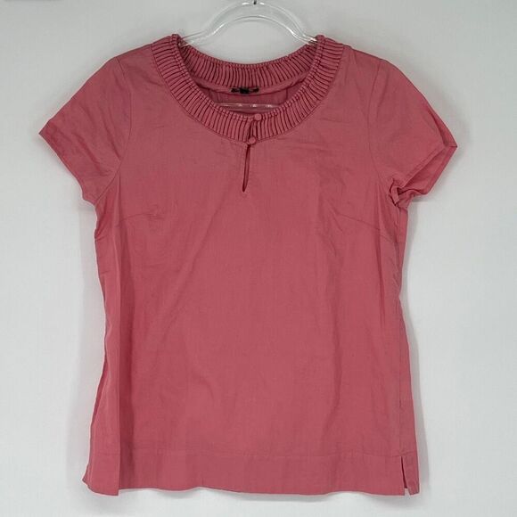 TALBOTS Women’s Top S Pink Keyhole Neck Short Sleeve 100% Cotton Blouse Pleated - Picture 2 of 12